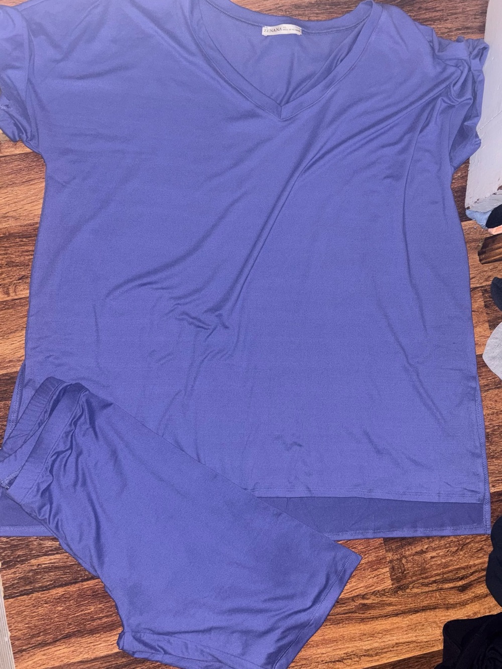 Zenana Outfitters Periwinkle V-Neck Short Sleeve Top butter soft w biker shorts